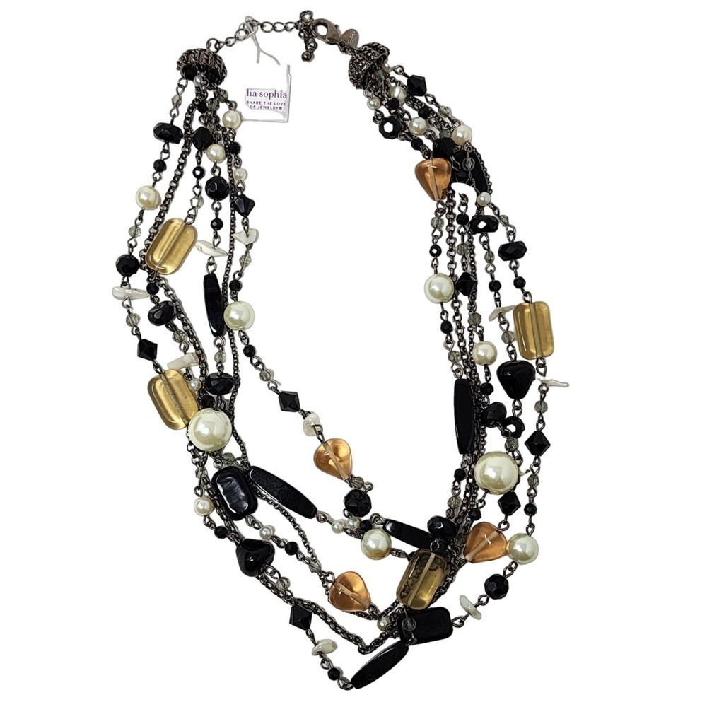 NWT Lia Sophia Black, White, Silver, Amber Beaded Multi Strand Necklace 18"-21"
